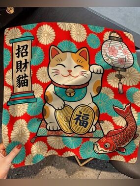 NEW Lucky Cat Maneki Neko Decor Scarf 17.5”x17.5” inch